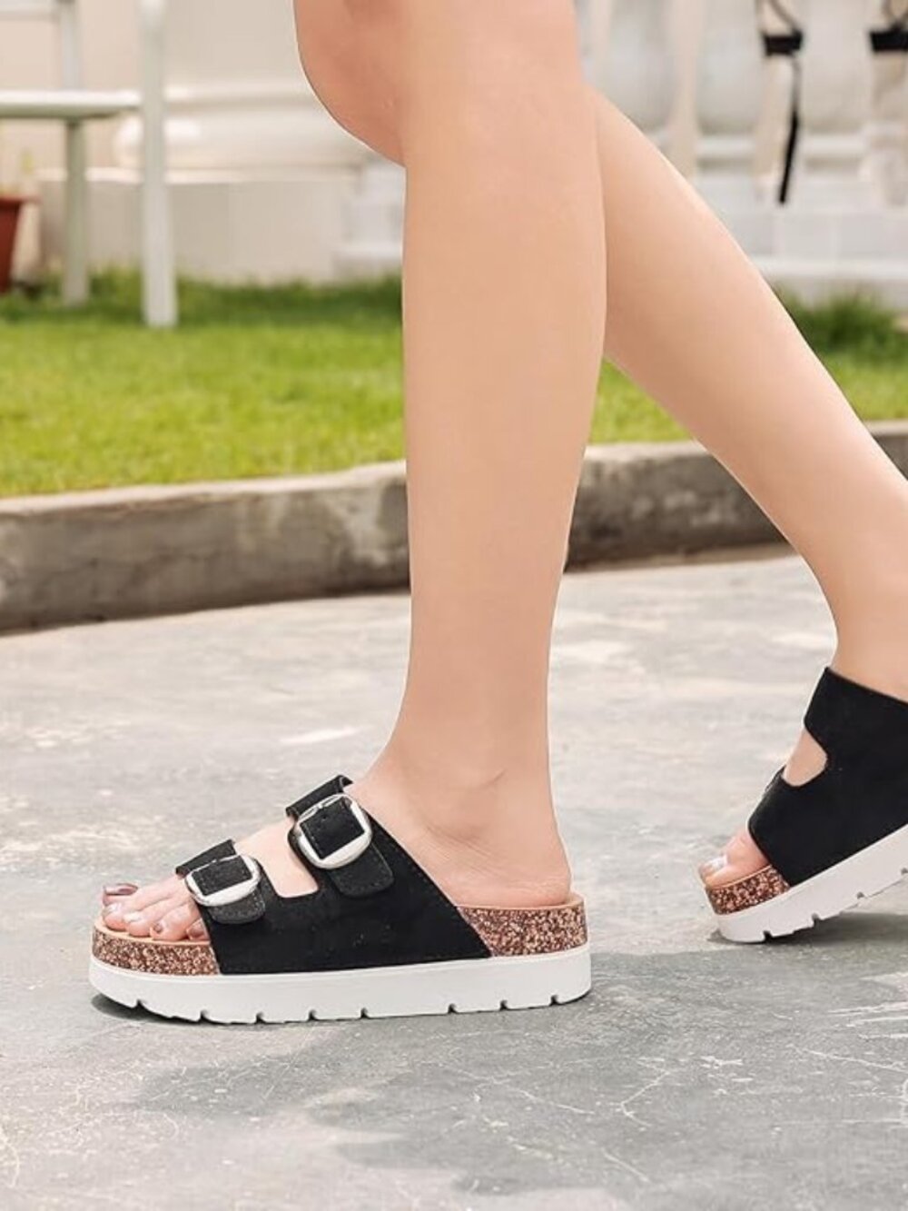 Black Double-Buckle Suede Slide Sandals